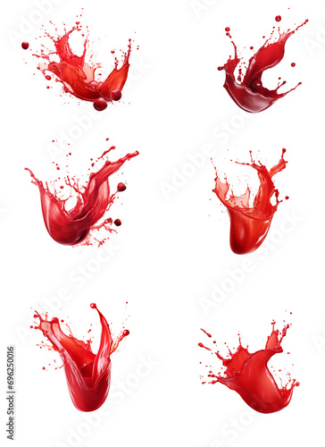 Set of red drops and splashes of isolated on a white background. Focus stacking. 
