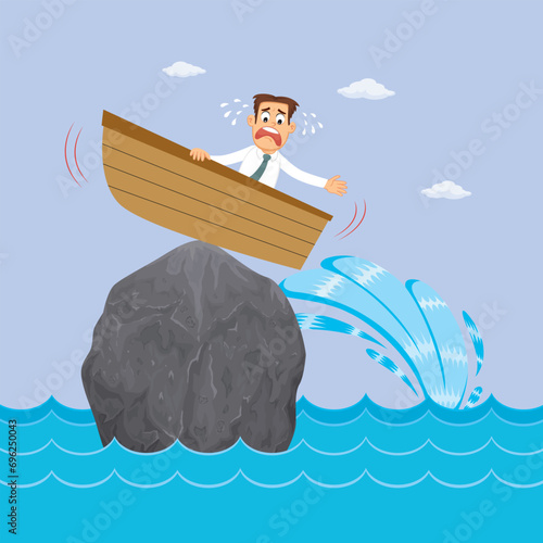 Businessman sitting in a boat aground on the hill. illustration vector cartoon.