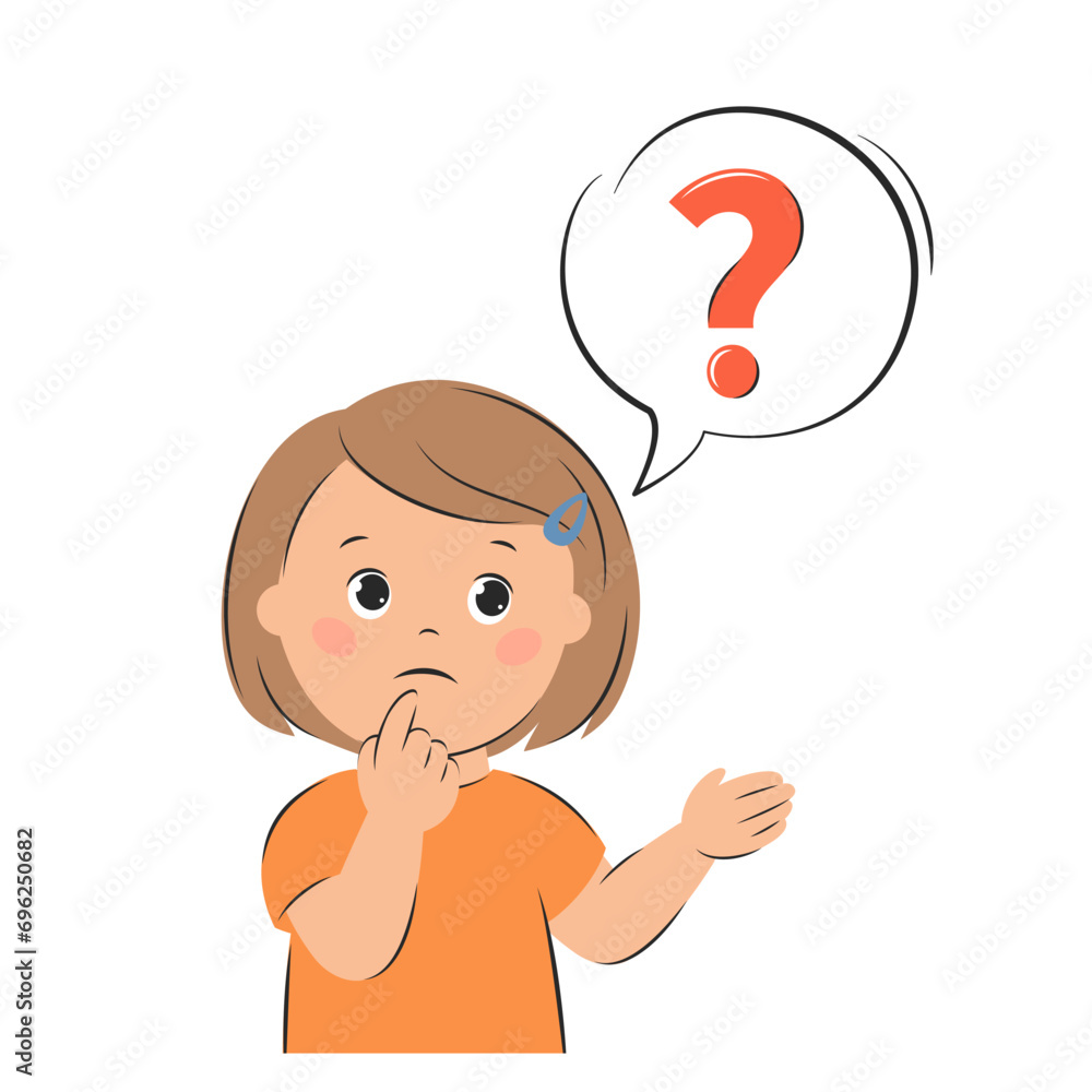 Little girl with question mark. Knowledge and education concept. Vector illustration Little girl with question mark. Knowledge and education concept. Vector illustration