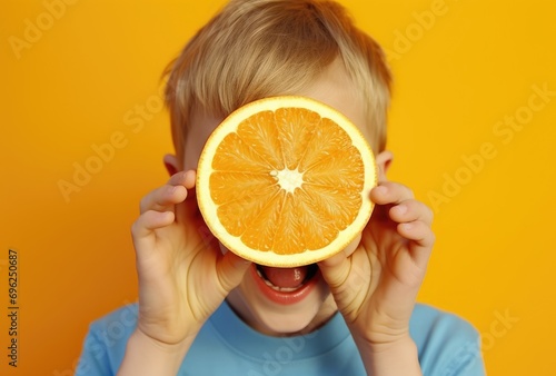A playful boy obscures his face with an orange