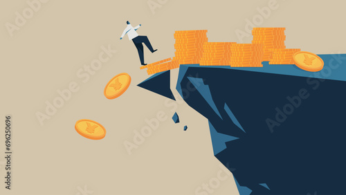 A man falling from a cliff. Coins crumble around him.