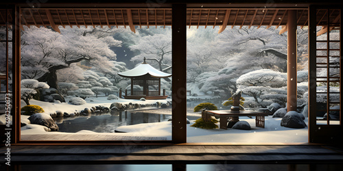 japanese winter garden view through doorway  Engawa house  Japanese style. A view of a snow covered garden through a window. AI generative.