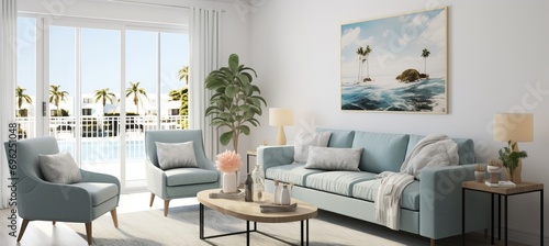 Interior mockup idea with watercolor beautiful paradise cove. Fresh, relaxing summer concept