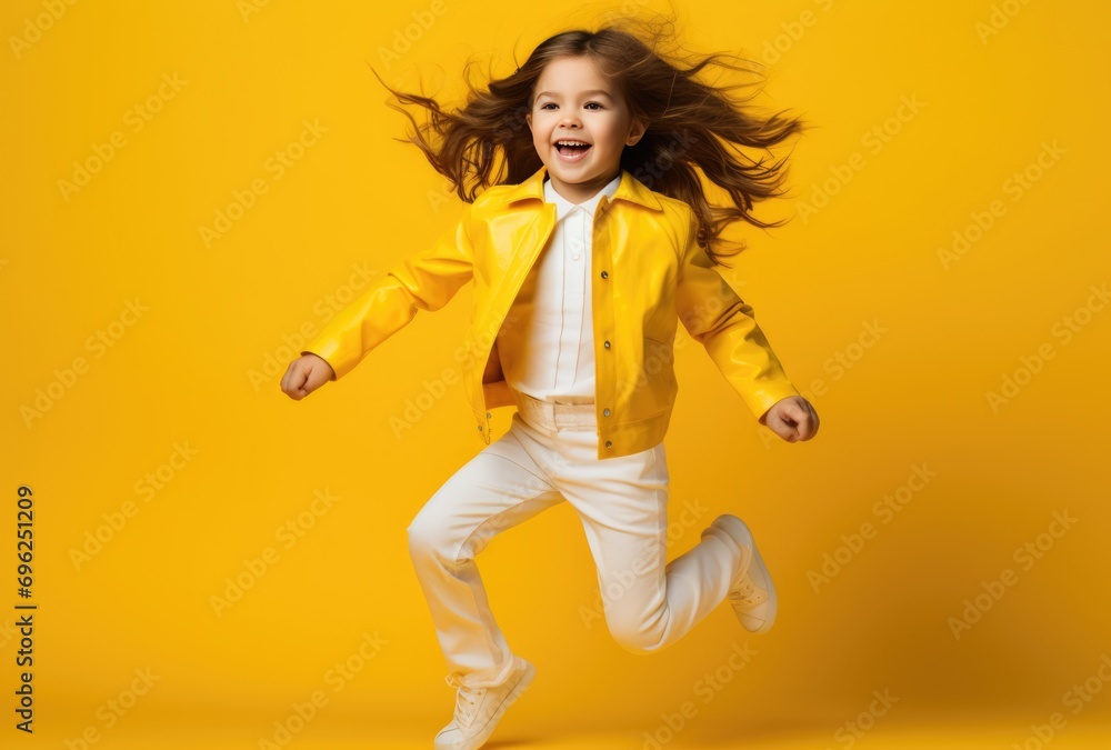 Little girl jumping with joy and flying through the air, Fictional Character Created by Generative AI. 