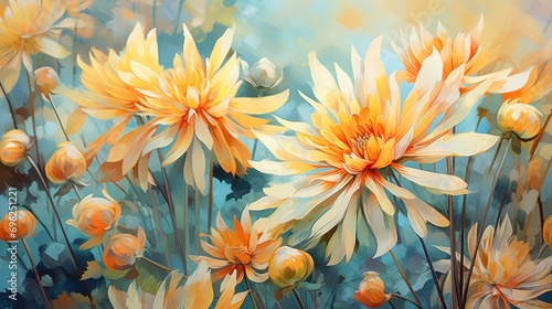 Calm floral wallpaper featuring abstract flowers in soft shades of orange and blue. © ProPhotos