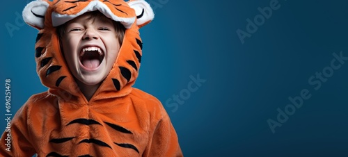 Little boy in a tiger costume  laughing and smiling