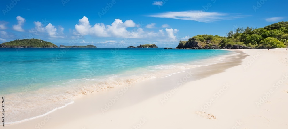 Beautiful Sandy Beach with Pristine White Sand, Calm Turquoise Waves, and a Sunny Sky, Coastal Oasis Beautiful Sandy Beach with Pristine White Sand, Calm Turquoise Waves, and a Sunny Sky, Coastal Oasis