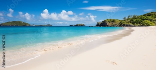 Beautiful Sandy Beach with Pristine White Sand, Calm Turquoise Waves, and a Sunny Sky, Coastal Oasis