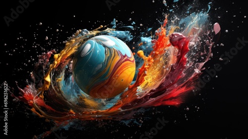 Dynamic abstraction: A colored ball dances in a whirlpool of vibrant paints on a black canvas. photo