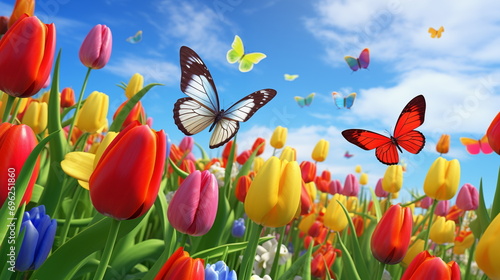 Colorful butterflies in a field of tulips. Generative AI.