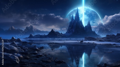 Otherworldly night view: an alien planet with rocky terrain, water and a huge satellite in the sky.