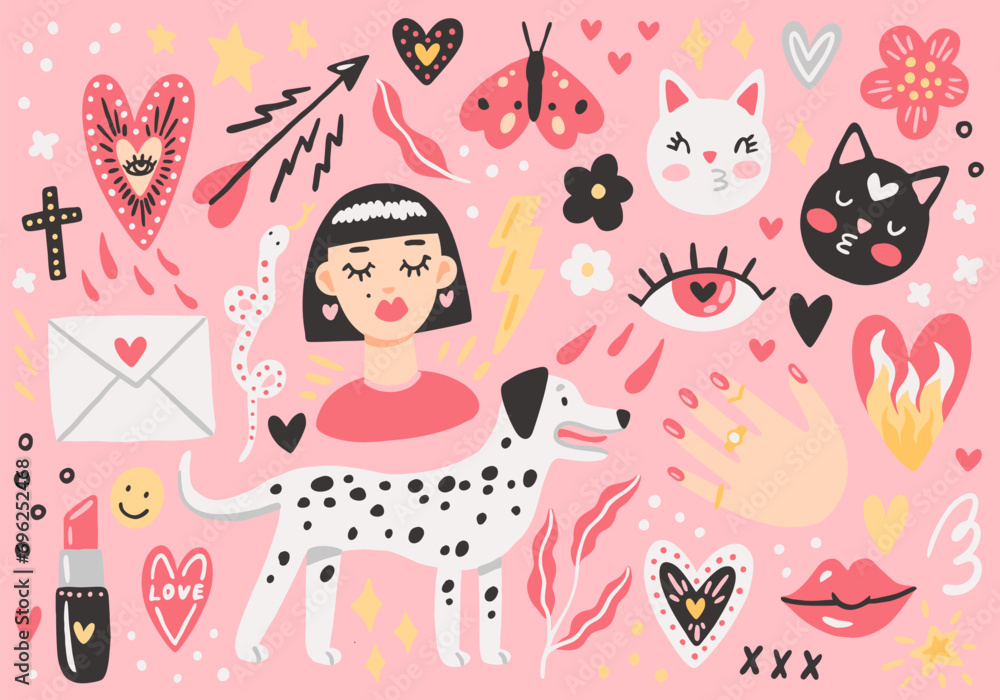 Hand-drawn vector set of design elements for St. Valentine's Day greeting card. Cute doodles - dog, hearts, cats, valentines on pink background Hand-drawn vector set of design elements for St. Valentine's Day greeting card. Cute doodles - dog, hearts, cats, valentines on pink background