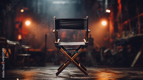 An empty director chair in front of an empty film set. Gloomy background, Empty black chair with sign Director and clapperboard in spotlight on filming set, A chair and a camera Generative AI
 photo