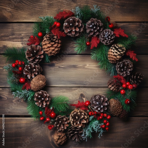 A lovely Christmas wreath made of pine cones and berries on a wooden surface