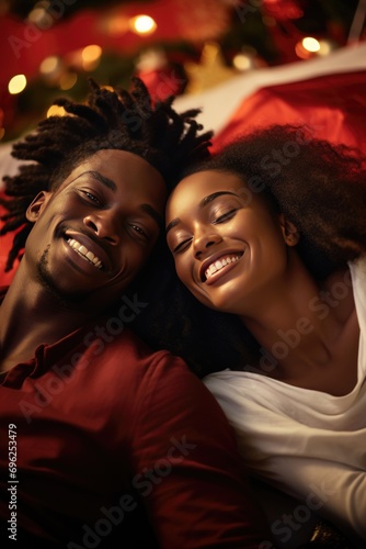 A happy couple cuddling and smiling while lying in bed. A fictional character created by Generated AI. 
