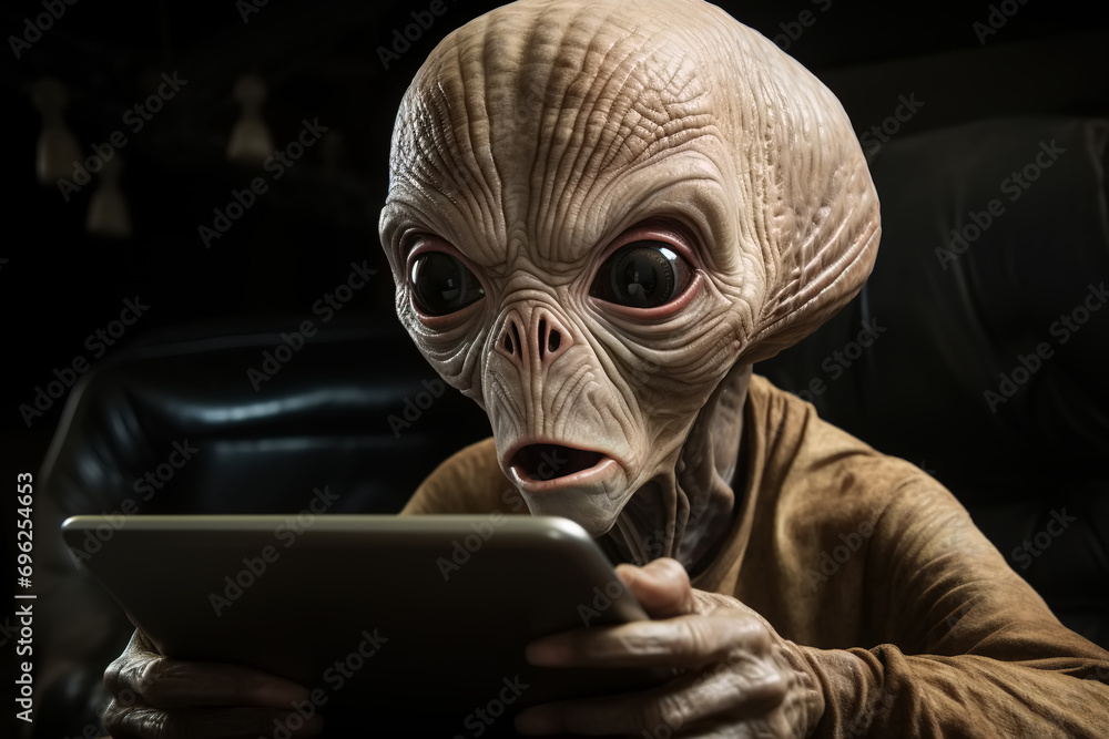 Shocked alien using a tablet indoors, looking at the gadget screen in ...