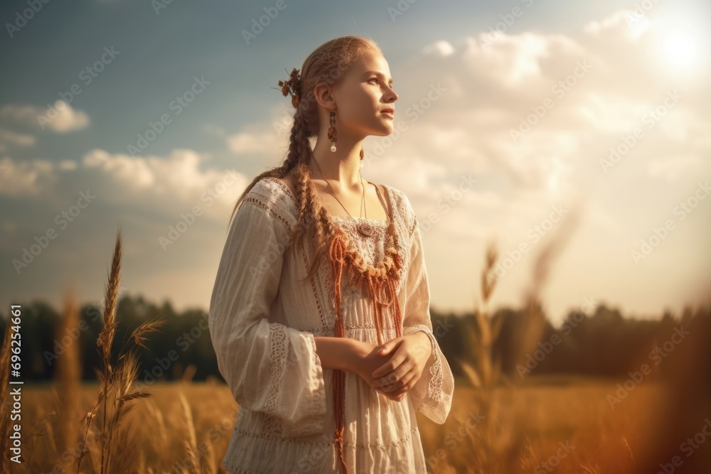 Slavic girl in sundress in rural meadow. Traditional dressed woman in wild nature field. Generate ai - obrazy, fototapety, plakaty 
