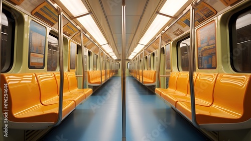 The empty interior of an underground train in the style