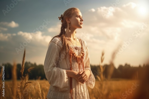 Slavic girl in sundress in rural meadow. Traditional dressed woman in wild nature field. Generate ai photo