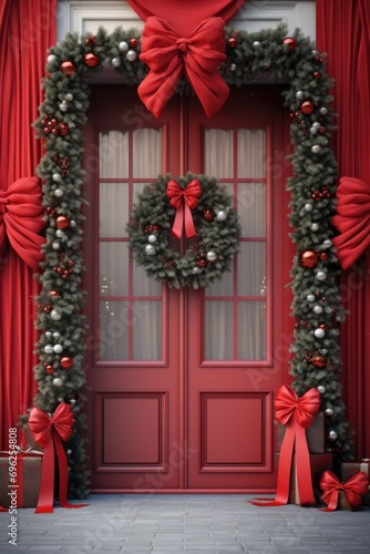 A Red Door Decorated for Christmas with Garland and Wreath