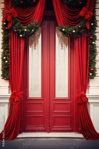 A Red Door with a Wreath and Bow on it