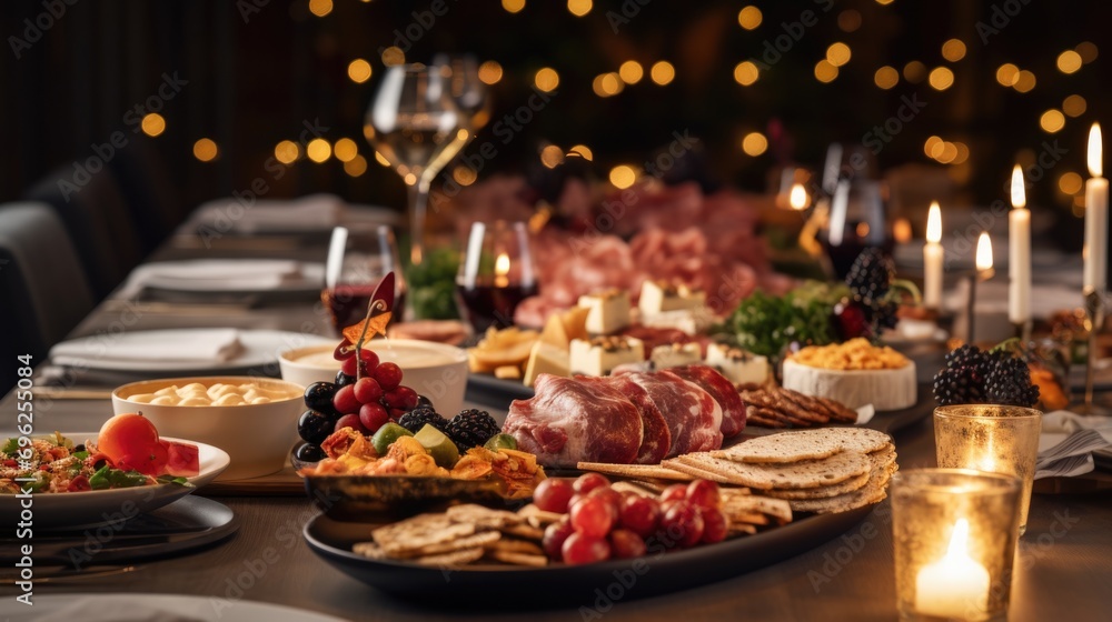 A delightful display of appetizers, cheeses, and crackers at a party or event.