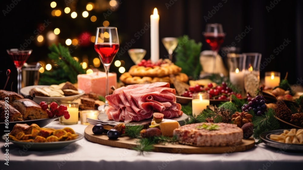Delicious Christmas Dinner with Ham, Cheese, and Bread