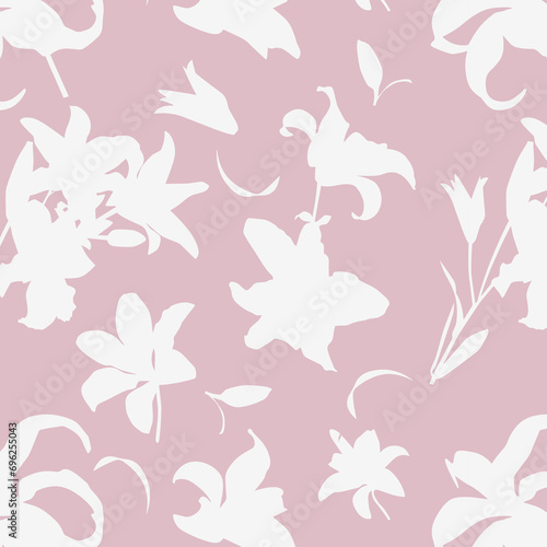 Vector seamless pattern with silhouette lily flowers classical style on violet background