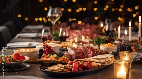 A delightful display of appetizers  cheeses  and crackers at a party or event.