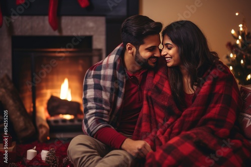A couple cuddling by the fireplace on Christmas Eve