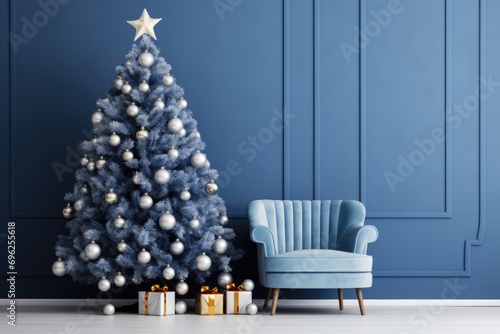 A cozy Christmas scene with a silver and blue decorated tree © shelbys