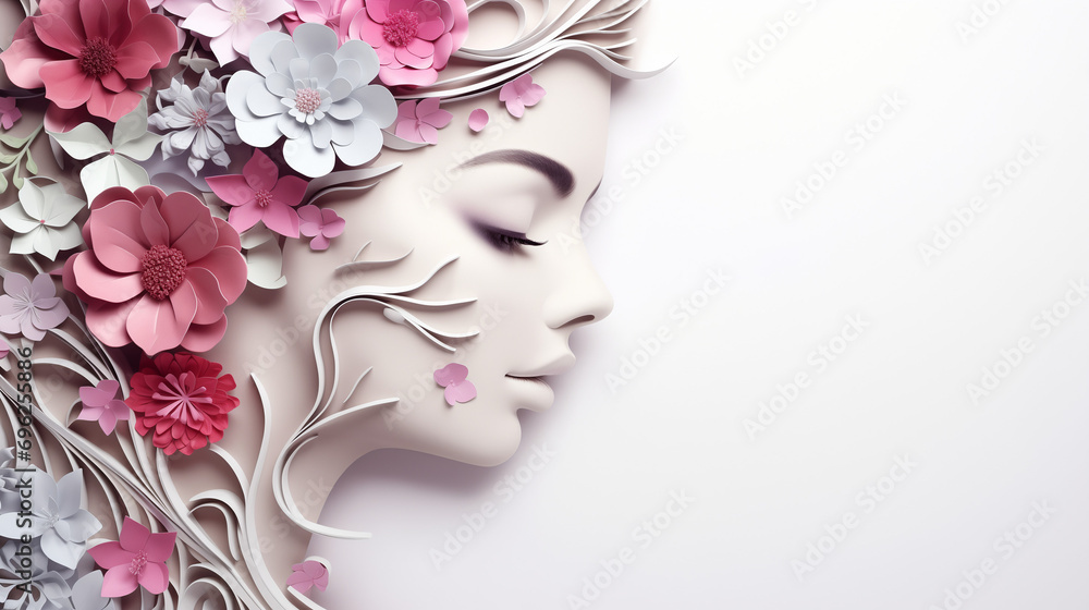 Realistic paper cut layered female human head. Colorful papercut woman silhouette on isolated background