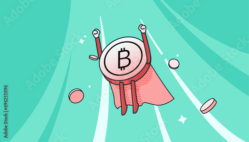 Bitcoin flying up trend in cartoon illustration art