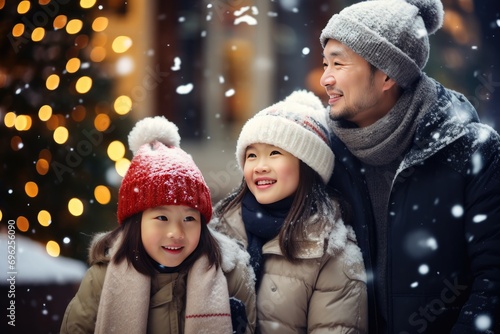 A family of three, including a man and two children, dressed warmly in winter hats and coats, standing in the snow and posing for a picture. A fictional character created by Generated AI. 