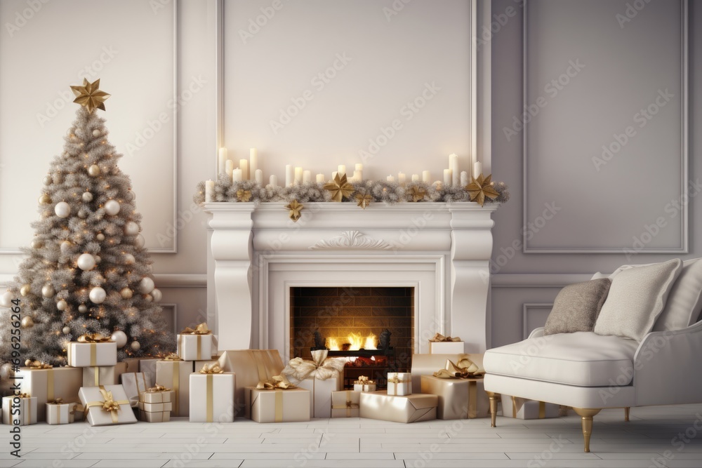 A Cozy Christmas Fireplace with a Tree and Gifts