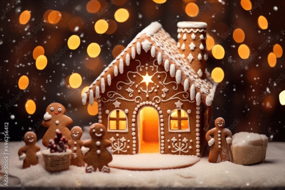 Obraz premium Fantasy Christmas Scene with a Gingerbread House and Friends A fictional character created by Generated AI. 