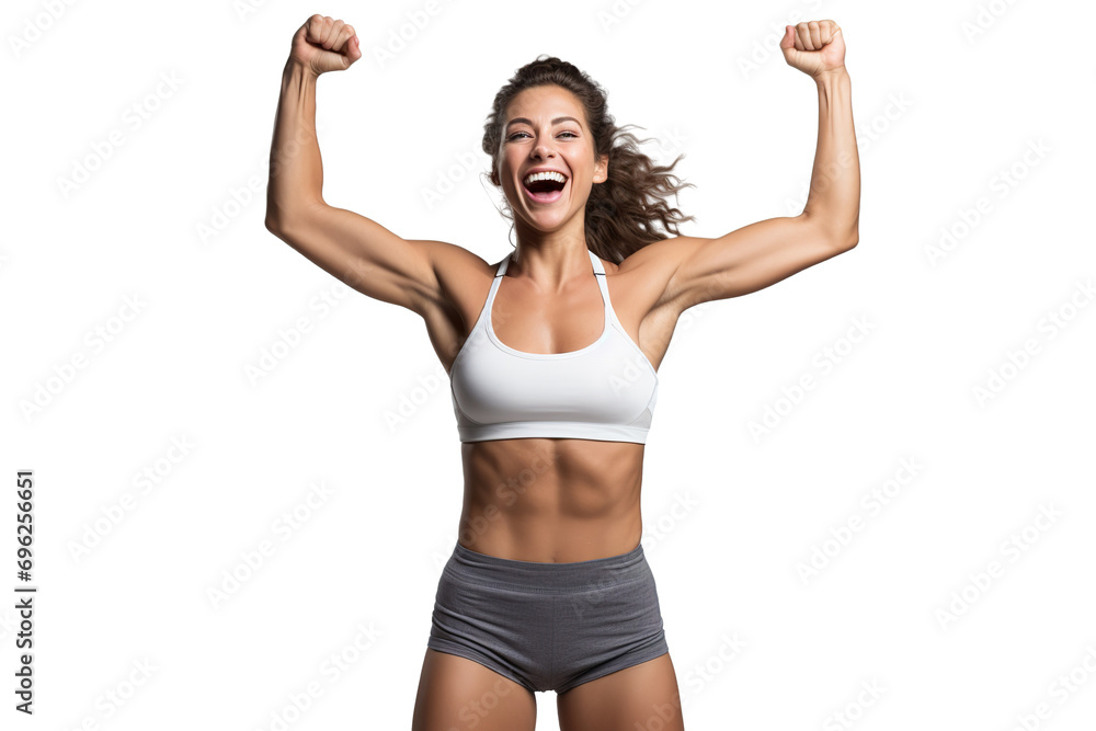 Portrait photography of beautiful female fitness model, positive surprise smile, cheering, looking upward on a white isolated background, long gym fashion Portrait photography of beautiful female fitness model, positive surprise smile, cheering, looking upward on a white isolated background, long gym fashion