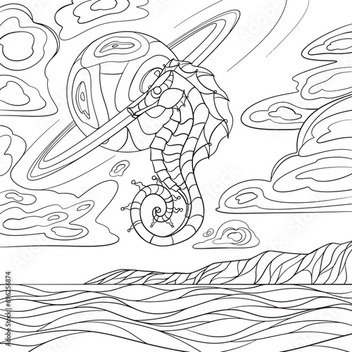 Seahorse in the sky line art design.
