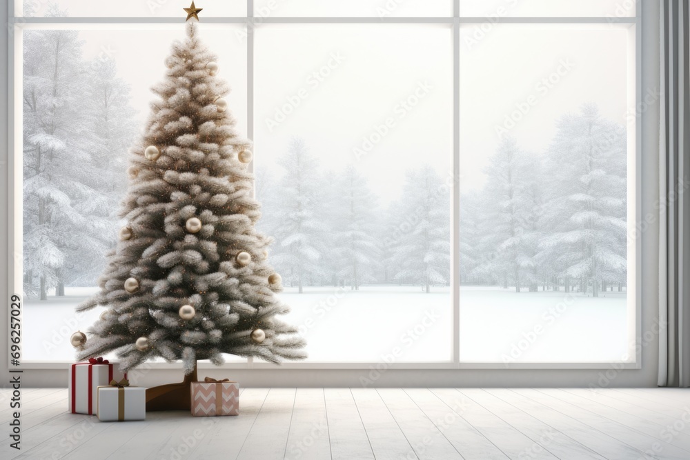 A Modern Christmas Tree in a Large Picture Window A Modern Christmas Tree in a Large Picture Window