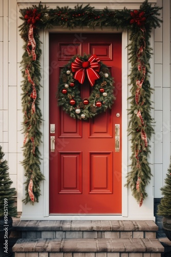 A Red Door Decorated for Christmas with a Wreath and Garland