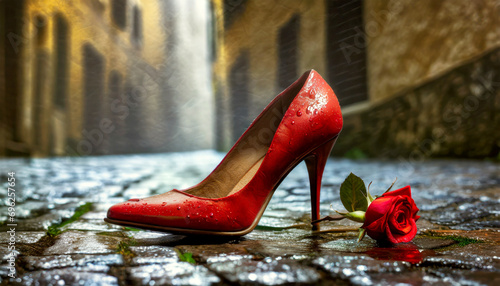 Close-up of a red high-heeled shoe abandoned on a city street, on a Roman porphyry pavement, wet from the rain. Symbol against gender violence and abuse of women. Generative Ai photo