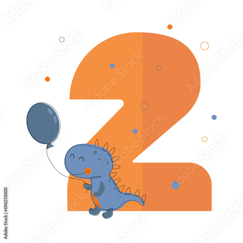 Illustration for kid celebration design. Poster with dino number two years for celebration design on white background.