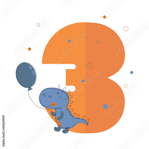 Illustration for kid celebration design. Poster with dino number three years for celebration design on white background.