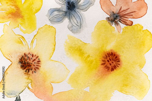 Watercolor art background with meadow flowers. Watercolor flowers yellow pastel colors on paper 