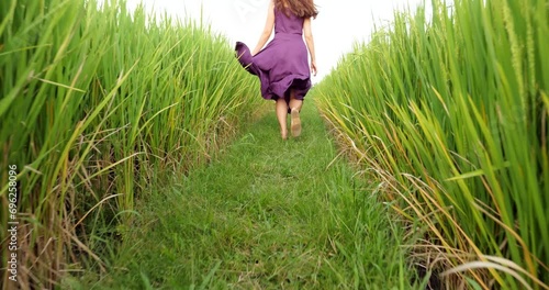 In this captivating scene, tourist woman joyfully runs along green border between vibrant rice fields. Camera follows from low angle, capturing mesmerizing sight in slow motion photo