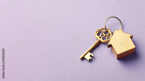 A tiny wooden home model with metallic keys on a yellow background. Real estate services, home loans theme