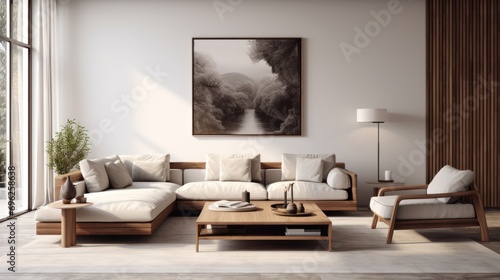 Light and airy, a modern living room design featuring a white sofa, trendy furniture, and contemporary wall art.