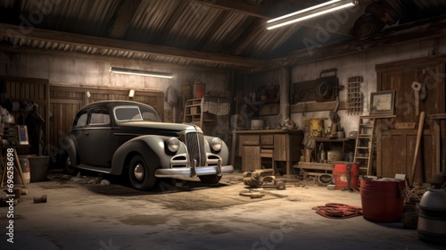 Inside an old vintage garage, a nostalgic scene with various tools scattered and an abandoned vintage car.