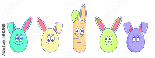 Happy Easter, spring holiday. Retro groovy cartoon character Egg, Carrot with bunny ears. Vintage funky mascot patch psychedelic smile and emotion. Comic trendy stickers. Vector illustration 90s style