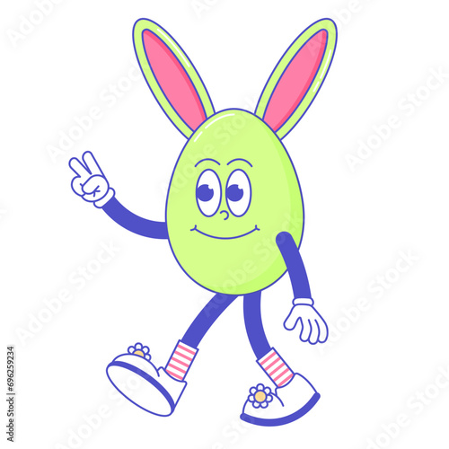 Happy Easter, spring holiday. Retro groovy cartoon character Egg with bunny ears. Vintage funky mascot patch psychedelic smile and emotion. Comic trendy stickers. Vector illustration 60s 70s 90s style